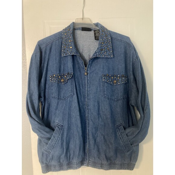 Out Brook Jackets & Blazers - Vtg Y2K Denim Studded Jacket Rhinestones Blue Jean 1X Pockets OUT BROOK